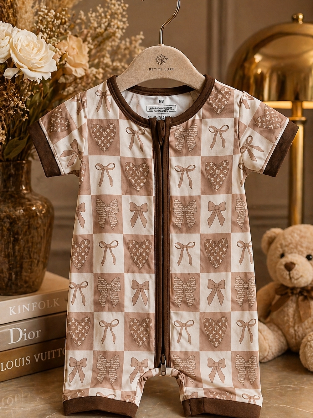 NWOT Neutral Brown Bow & Heart Short-Sleeve Bamboo Pajamas